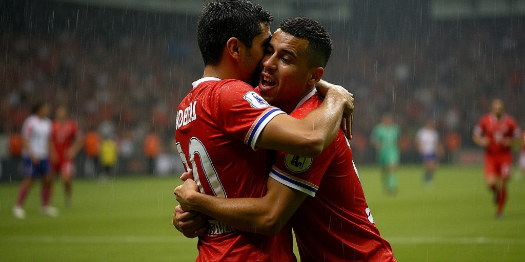 a soccer player is being hugged by another player in the rain as they celebrate a goal in a soccer g