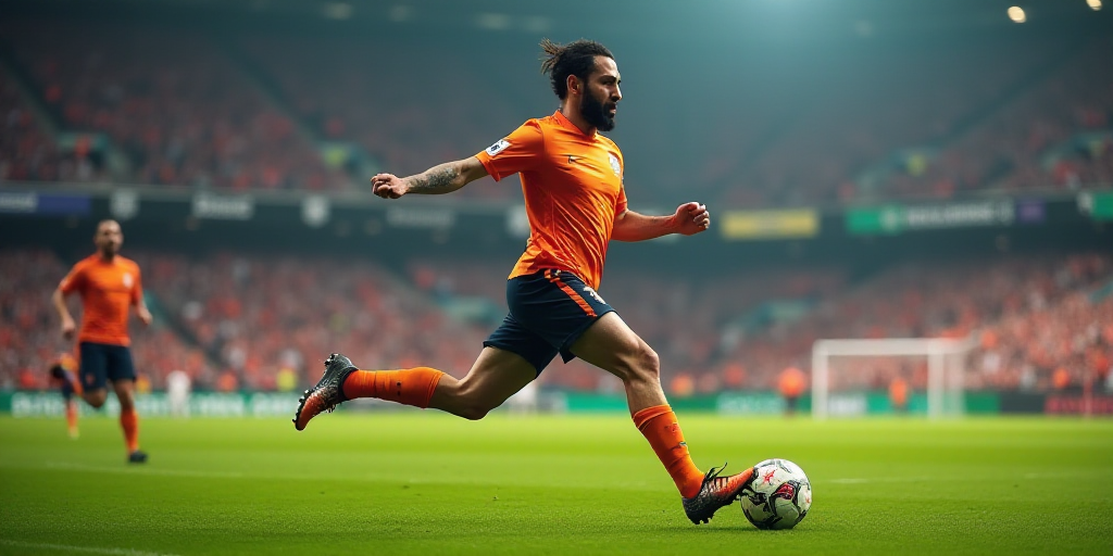 a soccer player is celebrating a goal in front of a crowd of people in a stadium with a ball in his