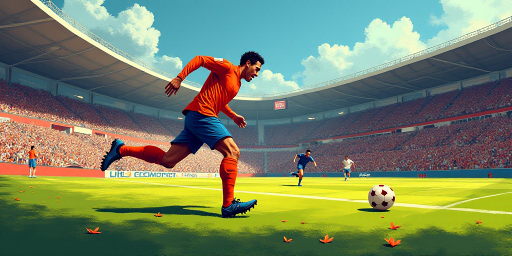 a soccer player is running after the ball during a game with a crowd watching him from the stands in