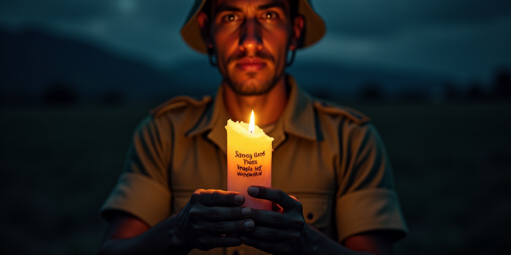 a soldier holding a lit candle in his hands in the dark with a message on it that reads,, Federico U