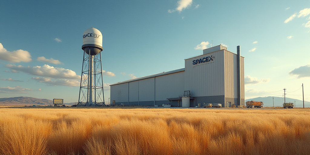 a spacex building with a large water tower in the background and a large field of grass in front of
