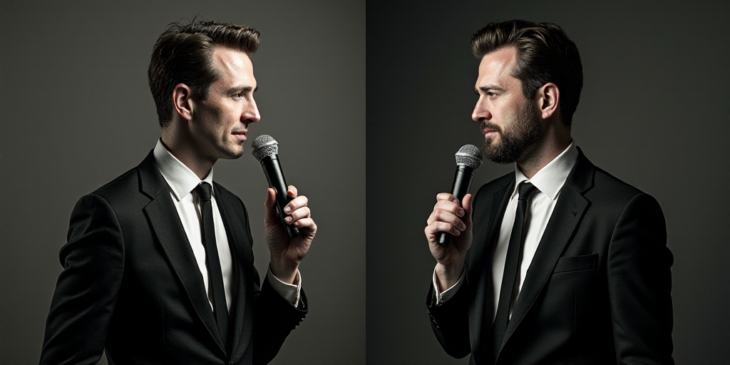 a split photo of a man in a suit and a man in a tie with a microphone in his hand, Andries Both, hor