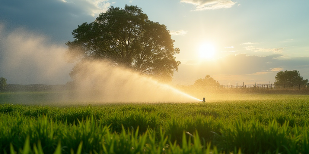 a sprinkler is spraying water on a field of crops in the background is a tree and a fence, Enguerran
