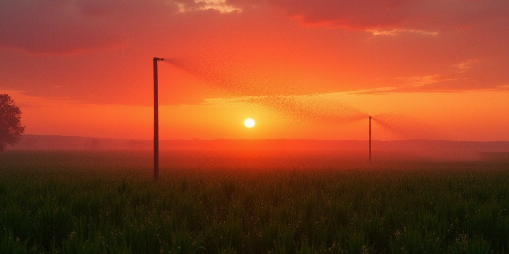 a sprinkler spraying water on a field of crops at sunset or dawn with a red sky, Andreas Gursky, sol