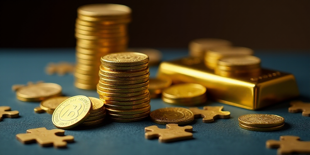 a stack of gold coins and a gold bar on a table with other gold coins around it and a blue table clo
