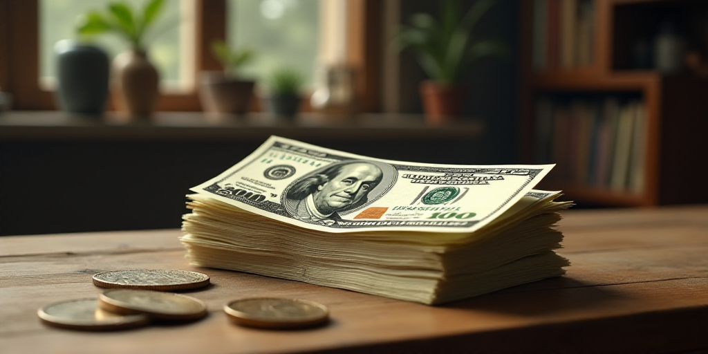a stack of twenty dollar bills sitting on top of each other on a table in a room with other items, B