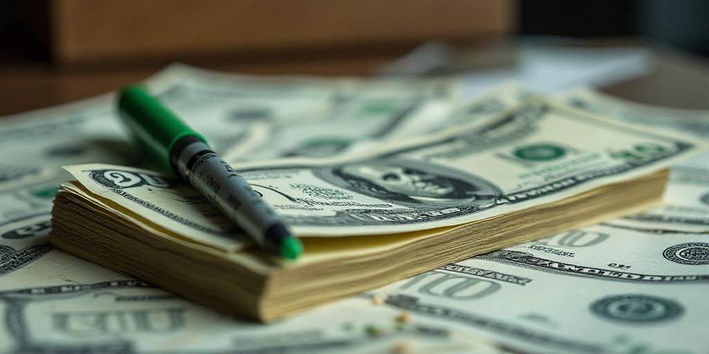 a stack of twenty dollar bills sitting on top of each other on a table with a green marker on it, Be