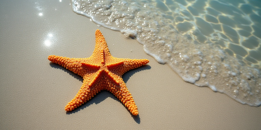 a starfish is laying on the sand near the water's edge, with a small amount of sand nearby, Aquirax