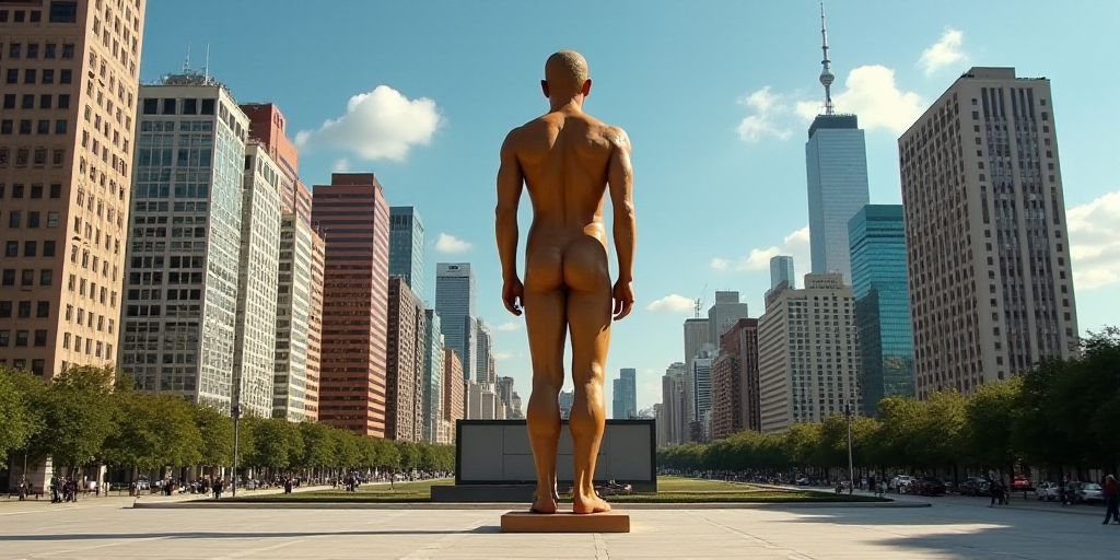 a statue in the middle of a city with skyscrapers in the background and a tv screen on the wall, Dav