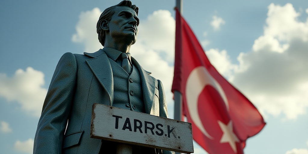 a statue of a man in front of a flag and a sign that says tarifs on it, Beeple, dof, a raytraced ima