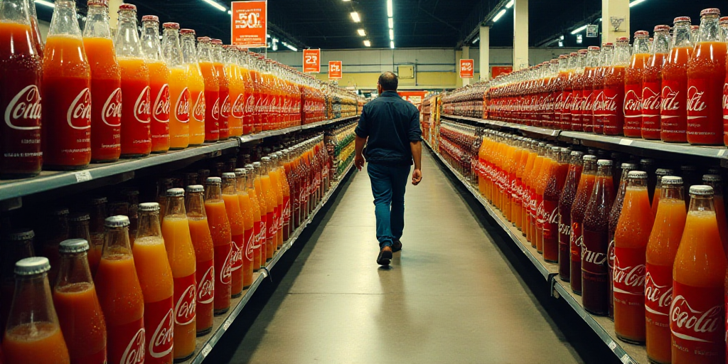 a store filled with lots of bottles of juice and a man walking by it in the aisle of the store, Doro