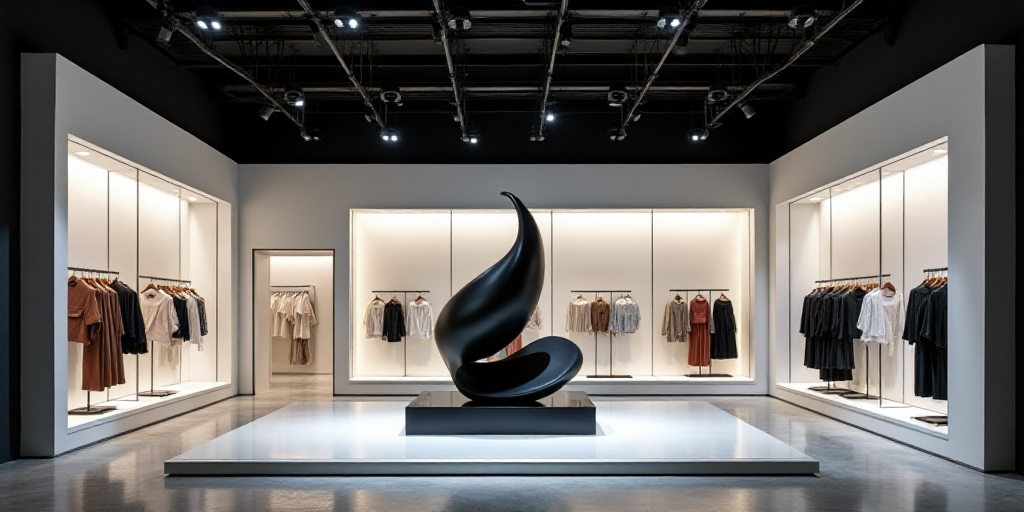 a store front with a large window display in the middle of it's floor area and a black and white scu