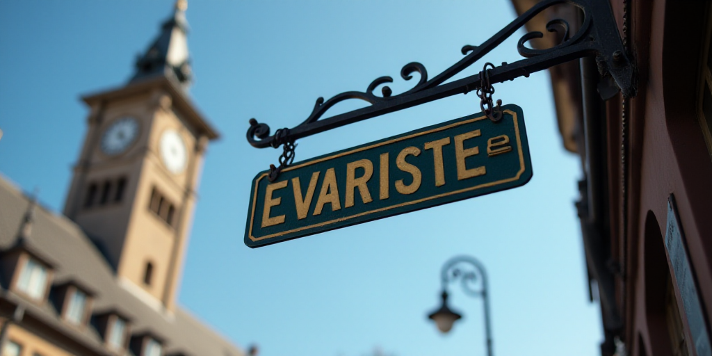 a street sign is hanging from a building with a clock tower in the background and a blue sky in the