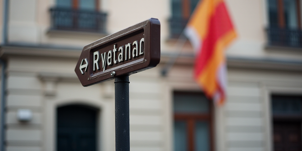 a street sign on a pole with a building in the background and a flag hanging on the wall street sign