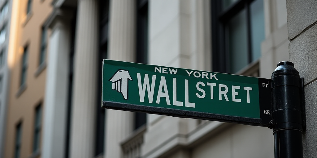 a street sign that is on the side of a building that says wall street and new york stock exchange, A