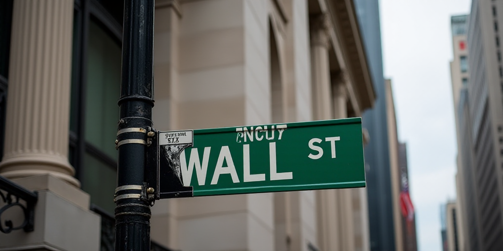 a street sign that is on the side of a building that says wall street and new york stock exchange, A
