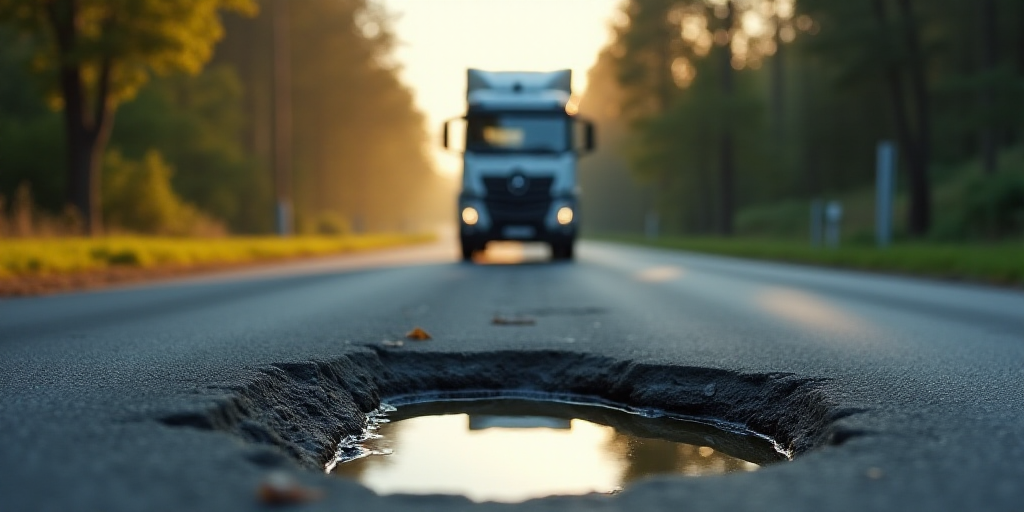 a street with a pot hole in the middle of it and a truck in the background on the road, Avgust Čern