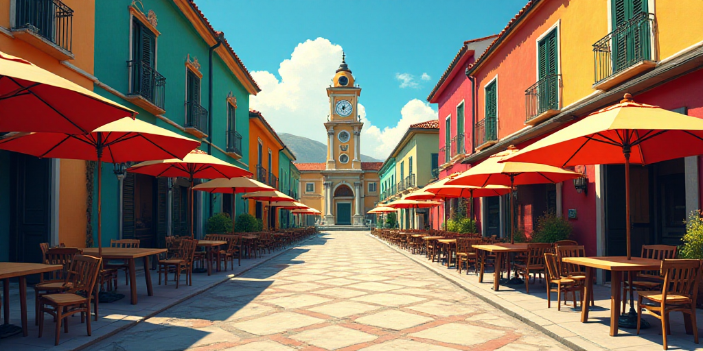 a street with tables and umbrellas on both sides of it and a building with a clock tower in the back
