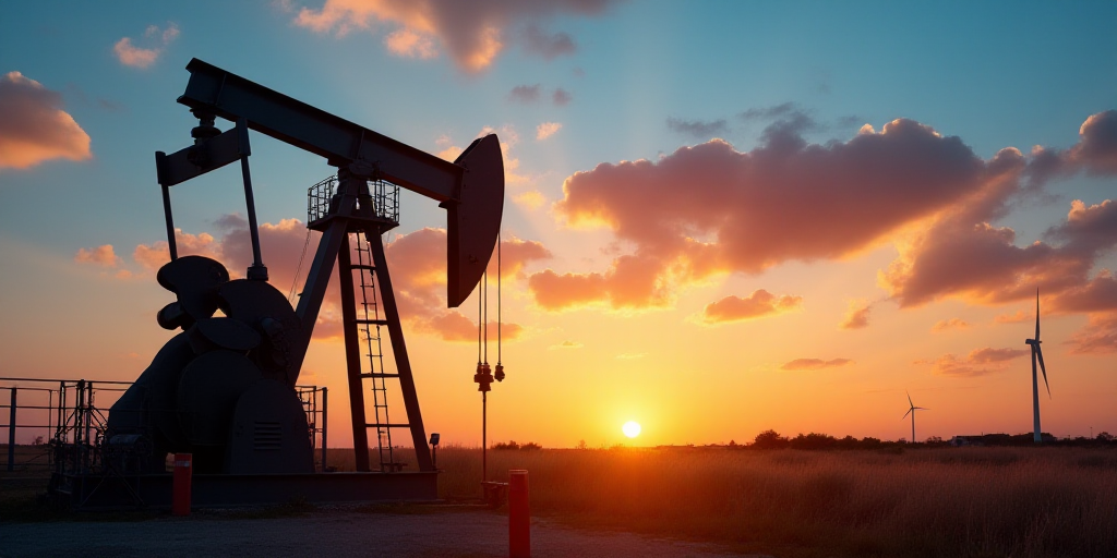 a sunset with oil pumps and a windmill in the background with a blue sky and clouds in the foregroun