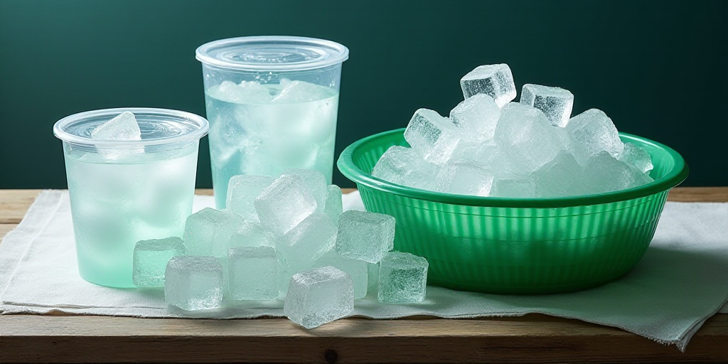 a table topped with lots of ice and plastic containers filled with ice cubes and a green basket fill