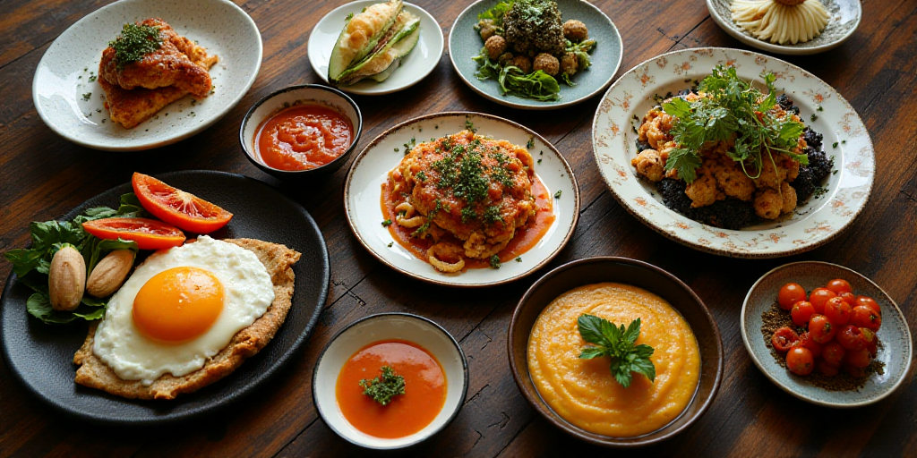 a table topped with plates of food and bowls of sauces and sauces on top of it,, Anson Maddocks, foo