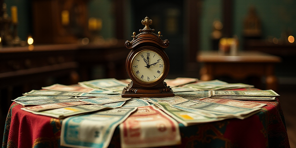 a table with a lot of mexican currency on it and a clock on top of it with a clock on it, Aquirax Un