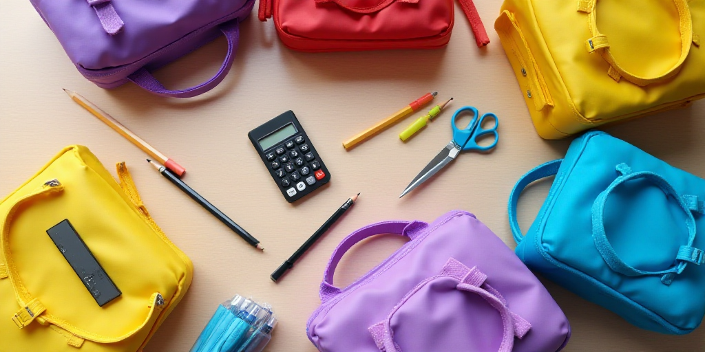a table with a purple bag, a purple bag, a yellow bag, a pair of scissors, a pencils, markers, marke