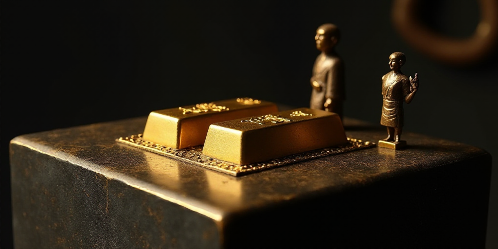 a table with gold bars on it and a person standing next to them on the table with a black surface, C