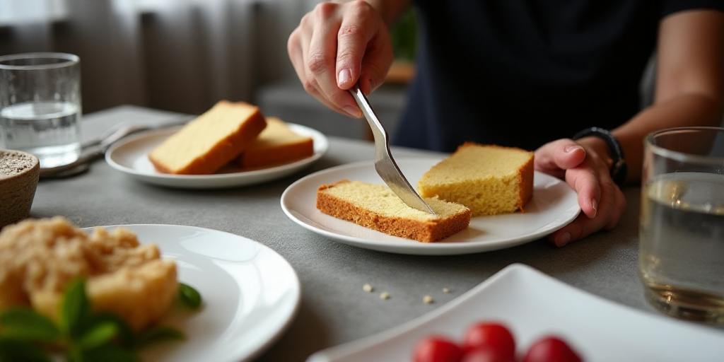 a table with plates of food and a glass of water on it with a person cutting a piece of cake, Betye