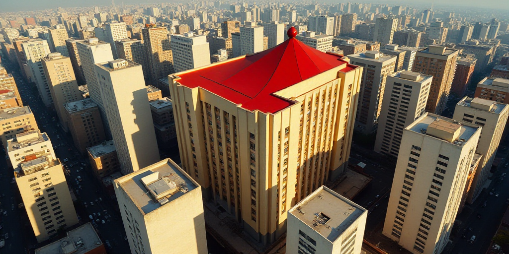 a tall building with a red roof and a red roof on top of it's roof is surrounded by tall buildings,