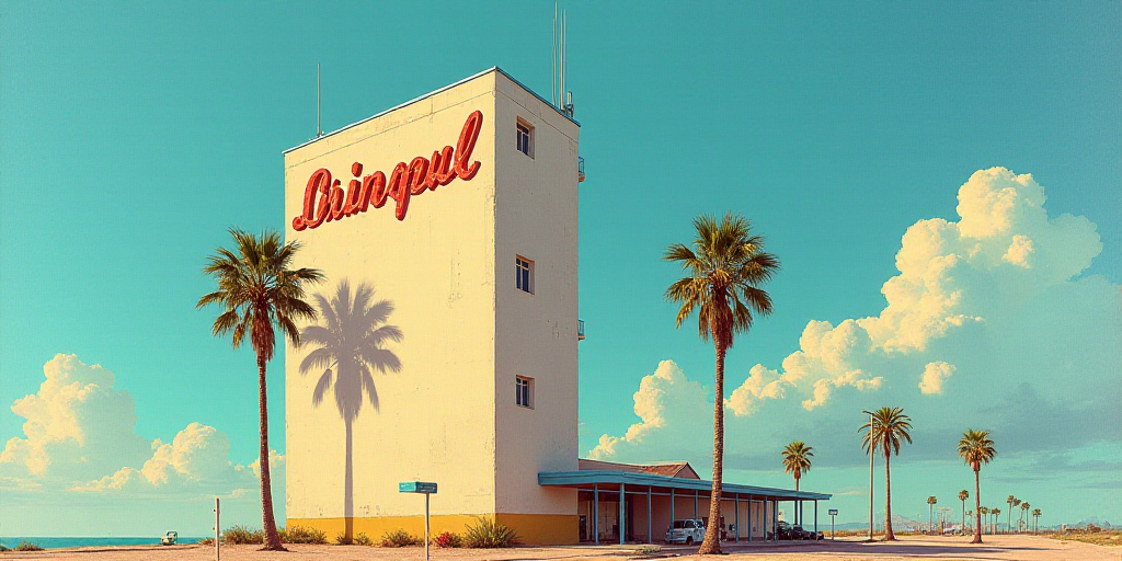 a tall building with a sign on top of it's side and palm trees in front of it, Carles Delclaux Is, s