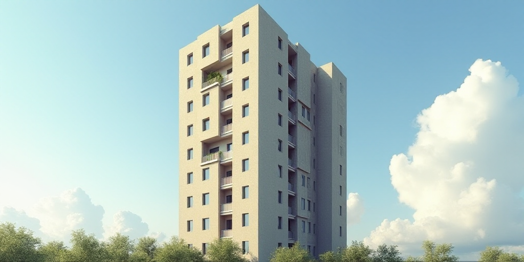 a tall building with a sign on the side of it's side and a sky background behind it, Avgust Černigo