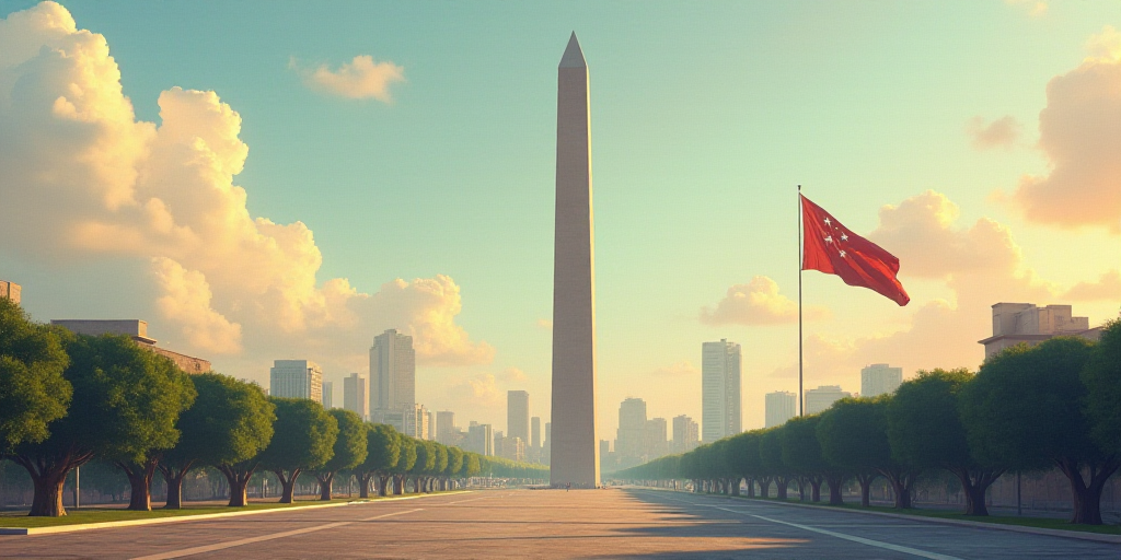 a tall obelisk in a city with a flag flying in the wind and a building in the background, Emiliano P