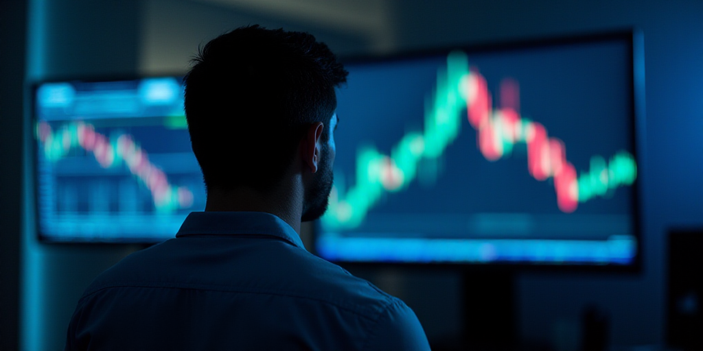 a television screen with a man on it and a stock chart in the background with a blue light on, Andri