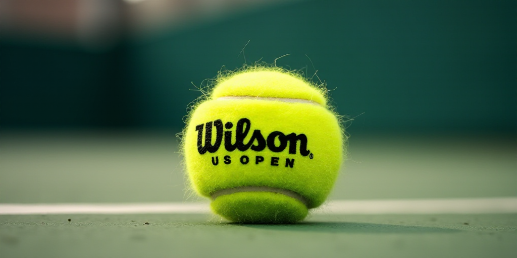 a tennis ball on a tennis court with the words wilson us open written on it's side of the ball, Evel