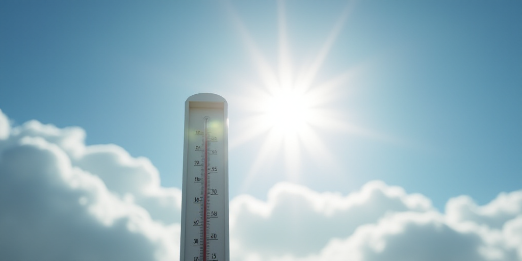 a thermometer is shown in front of a bright sun in the sky with clouds in the background, Andries St