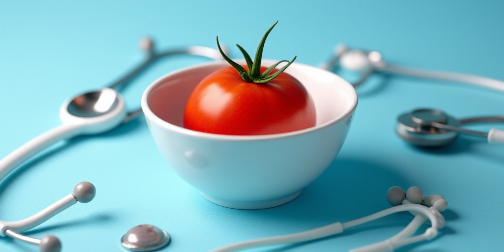 a tomato in a white bowl surrounded by medical sys on a blue background with a blue surface with a f