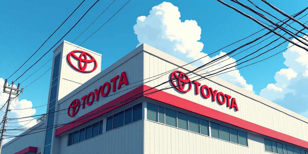 a toyota sign is shown on a building in japan, with power lines above it and a toyota logo on the si