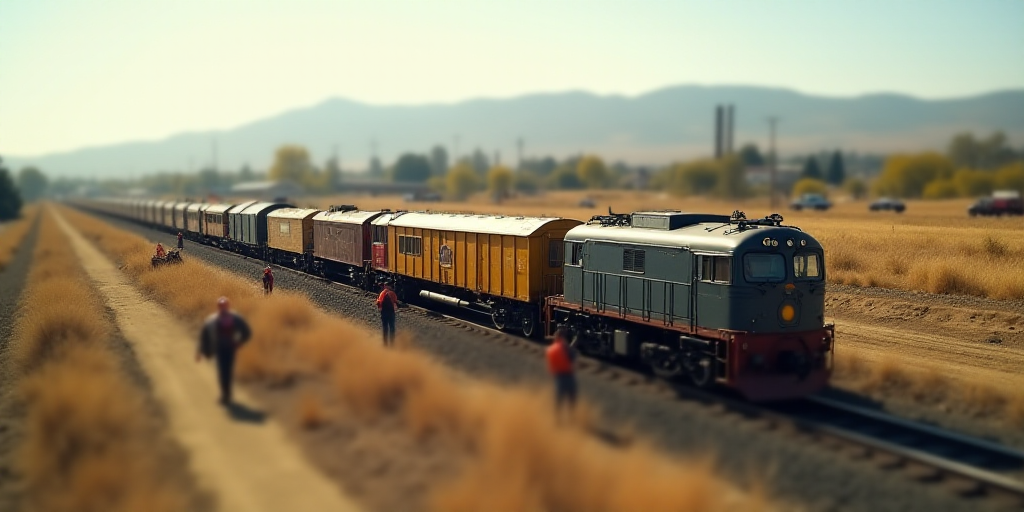 a train is being built on a track in the middle of a field with workers nearby and a construction cr