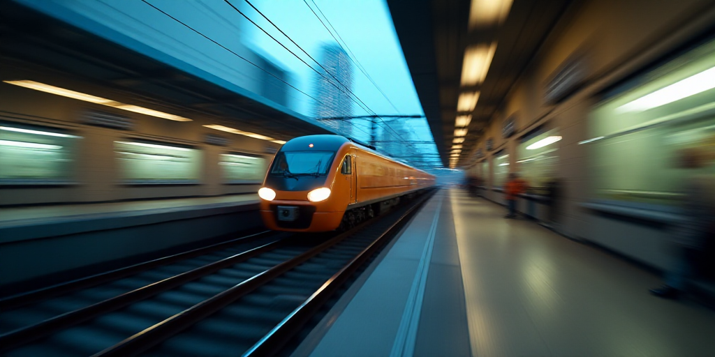 a train is traveling down the tracks in a blurry photo of a train station with a train on it, Dahlov