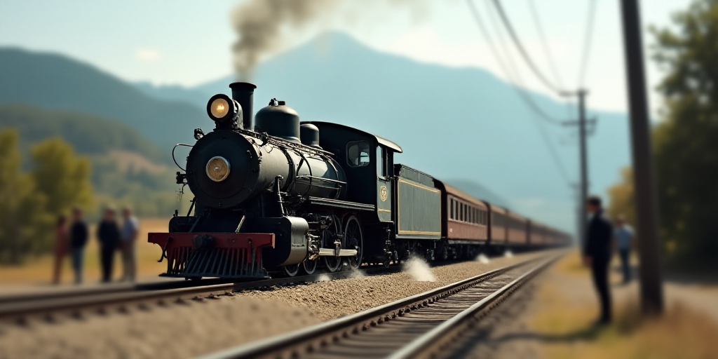 a train is traveling down the tracks with people standing on the side of it and a mountain in the ba