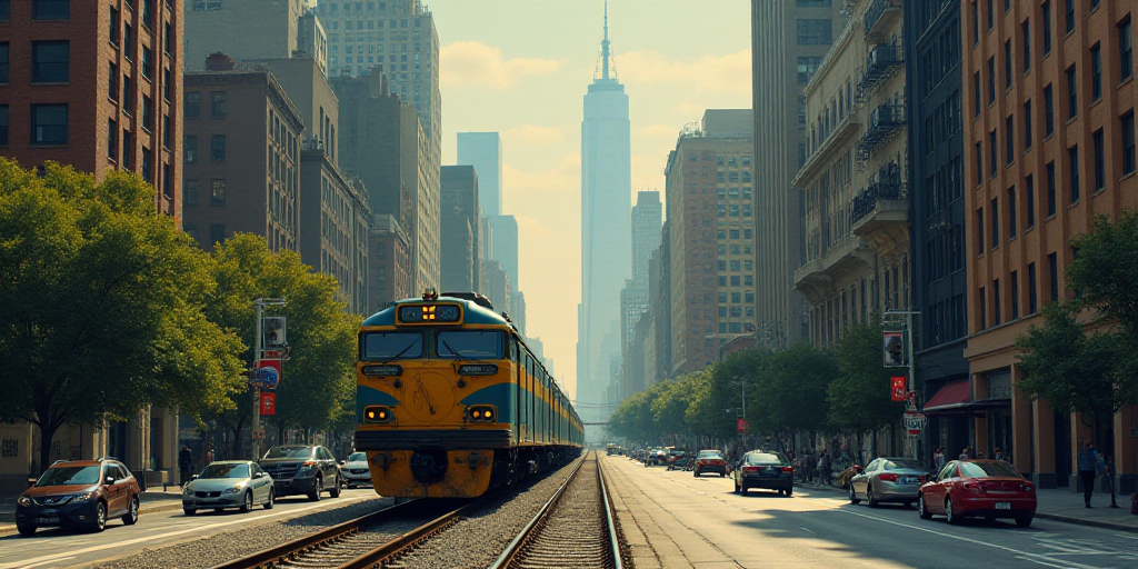 a train is traveling through a city with tall buildings and cars on the street below it and a train