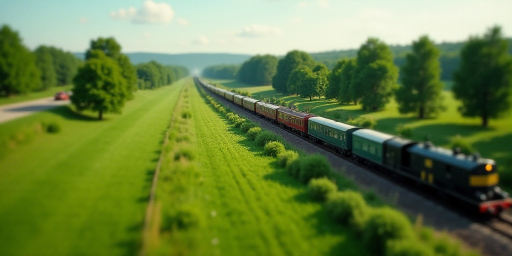 a train traveling down tracks next to a lush green field and a lush green field with trees on both s