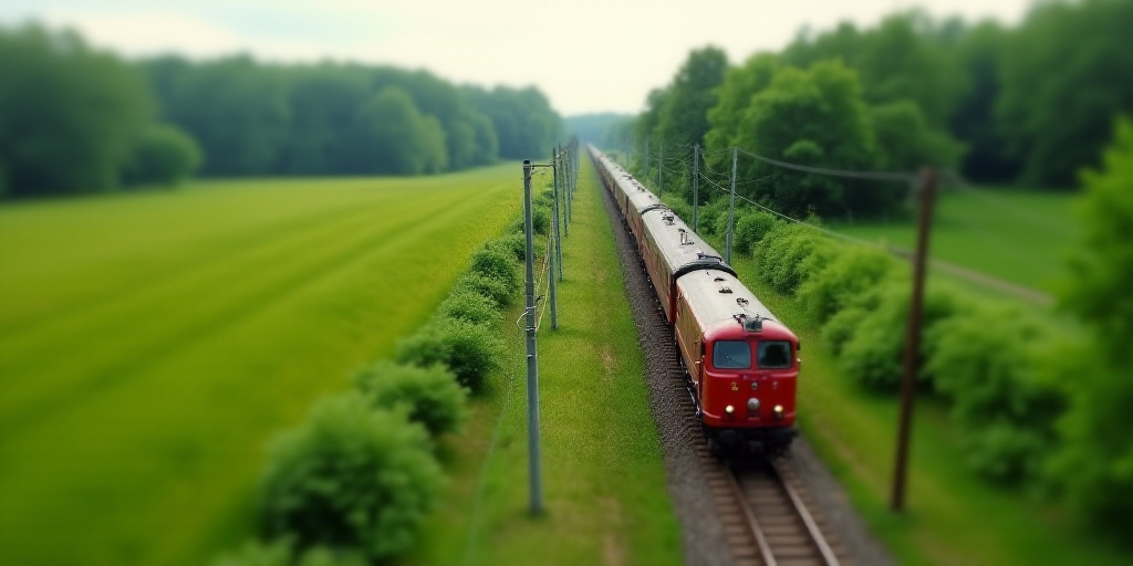 a train traveling down tracks next to a lush green field and a lush green field with trees on both s
