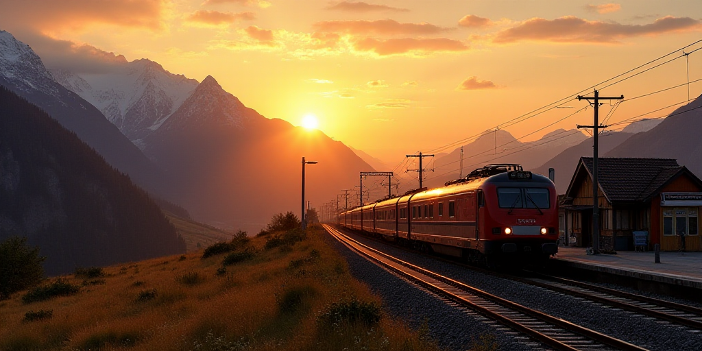 a train traveling past a train station next to a mountain range at sunset or sunrise time with the s
