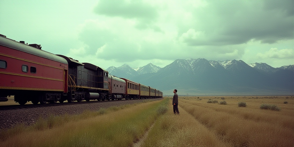 a train traveling through a rural countryside on a cloudy day with mountains in the background and a
