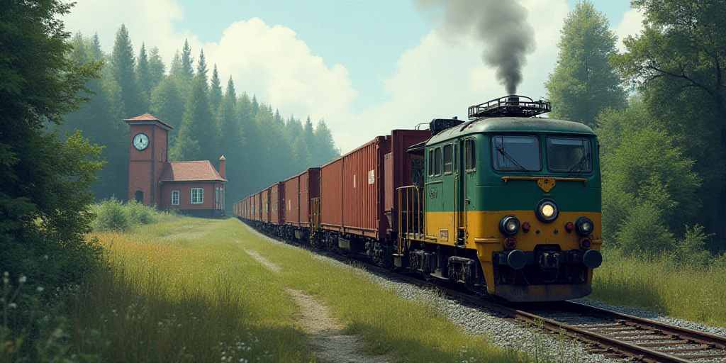 a train with many containers on it on the tracks near a forest and a building with a clock on it, An