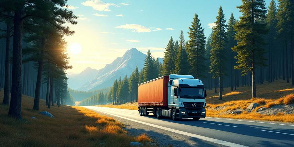 a truck driving down a road next to a forest of trees and a forest of trees behind it with a sky bac