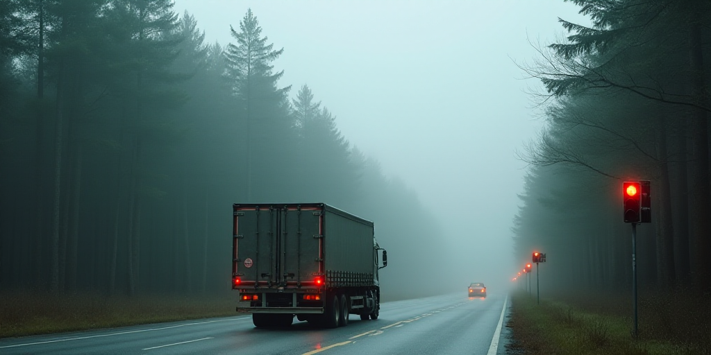 a truck driving down a road next to a forest filled with trees and traffic lights on a foggy day, Ca