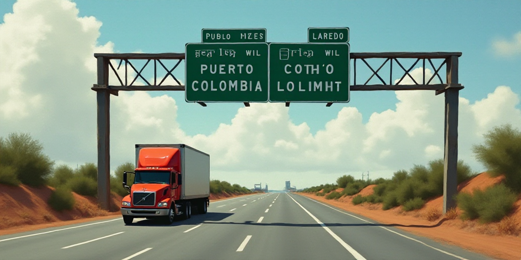 a truck driving under a sign on a road near a highway sign that says pueblo leon puerto colombia lar